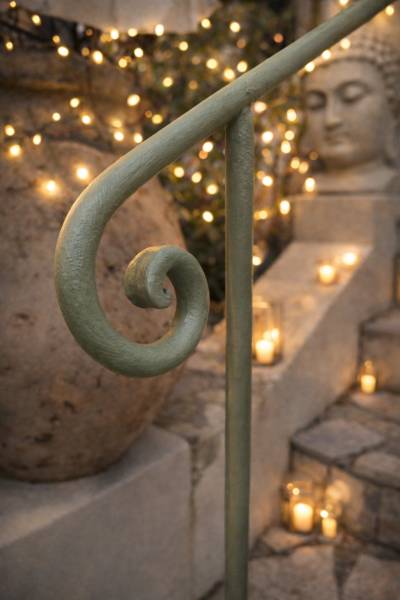 Garde-corps en fer forgé fabriqué par Sudecor pour une maison près de Fréjus, alliant sécurité et élégance pour une entrée extérieure.