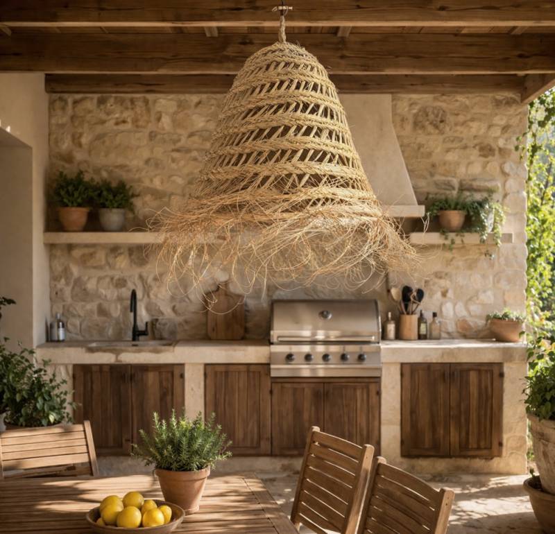 Abat-jour en paille d’alpha naturel et raffiné réalisé par Sudecor à Vallauris, idéal pour une terrasse élégante à Cagnes-sur-Mer