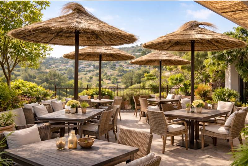 Élégantes pailottes en paille d’alpha créant une ambiance naturelle et chaleureuse à Cagnes-sur-Mer